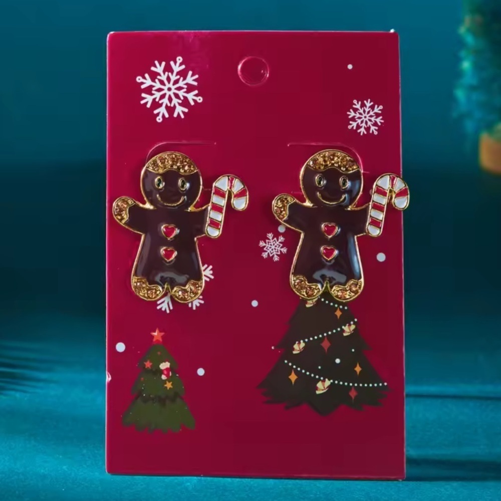 Gingerbread-man Christmas Brown Gold CandyCane Earrings